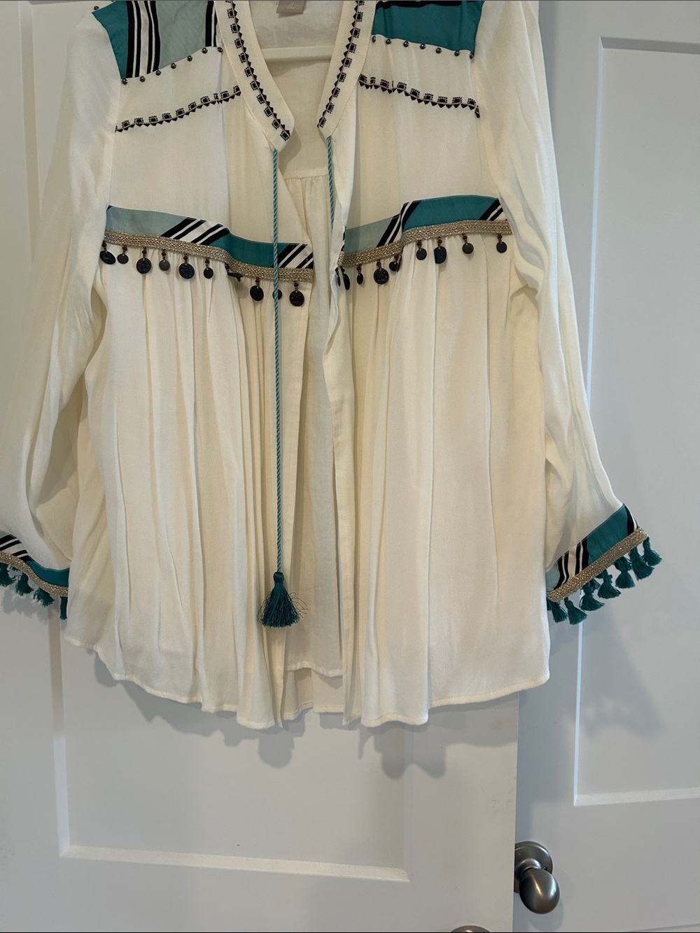 Bohemian Tassel-Trim Cream Blouse with Teal Accents
